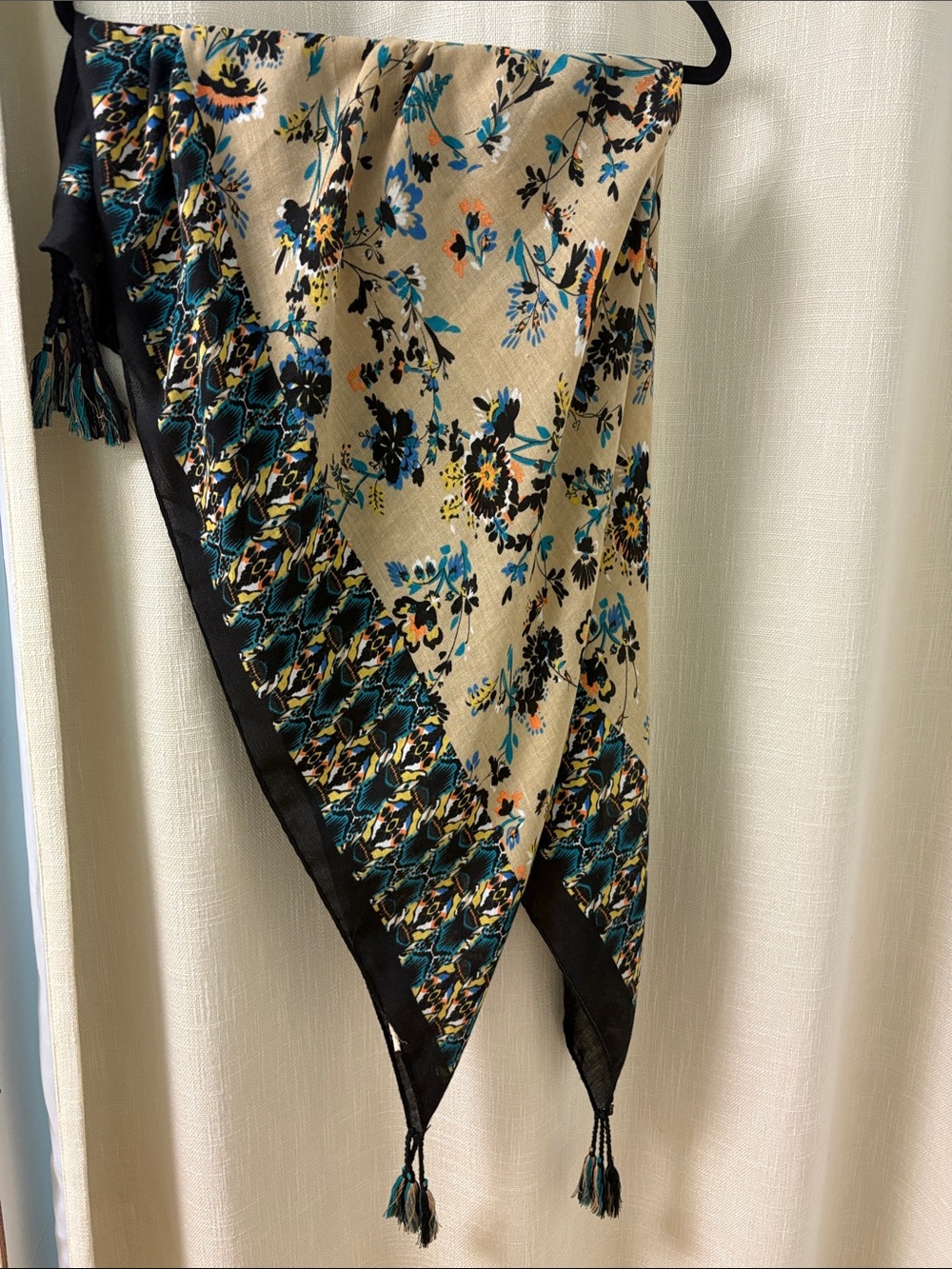 Tassel Scarf - Beige and Teal Floral